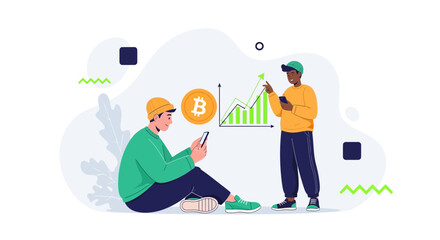Obraz premium Diverse investors analyze Bitcoin crypto chart on smartphones, showcasing financial growth and investment strategy