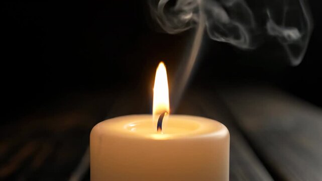 Candle burning slowly on a dark background with smoke rising up in the air