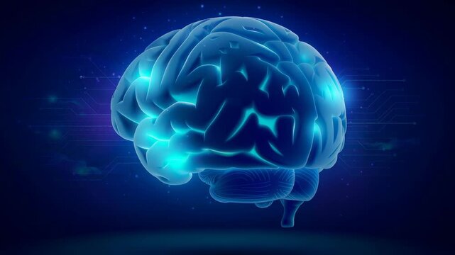 Glowing blue human brain digital illustration with futuristic technology background for neuroscience and innovation