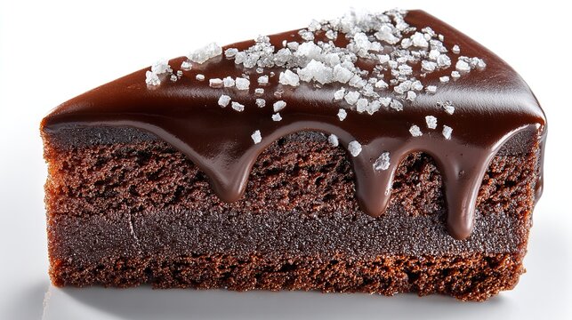 Decadent Chocolate Cake Slice: A rich and moist slice of chocolate cake, generously topped with glossy ganache and sprinkled with coarse sea salt, promising a burst of sweet and savory delight.