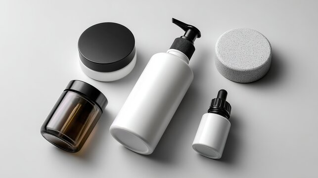 Cosmetic Product Assortment: A collection of elegant cosmetic containers, including bottles and jars, neatly arranged, suggesting skincare or beauty products.