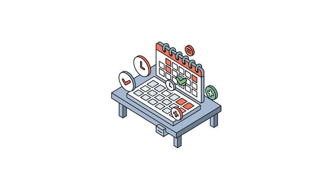 An isometric illustration of a desk calendar with various task management icons