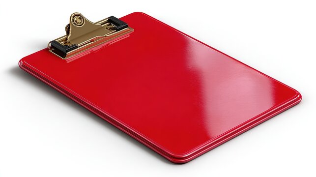 Red Clipboard: A sleek red clipboard with a metallic clip stands ready for notes, ideas, or important documents, symbolizing organization and task management.