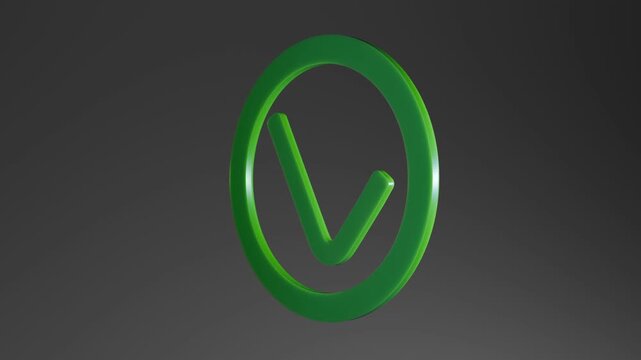 single rotating 3d green tick check mark in circle icon isolated on dark background. video 4k render