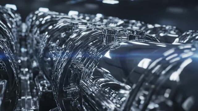Close look at shiny metal engine parts in a workshop at night with bright lights