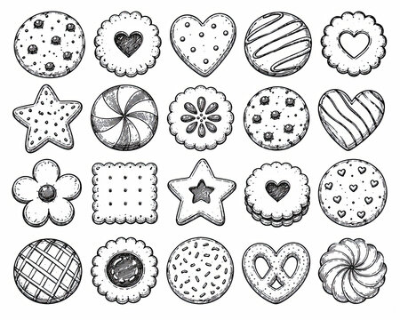 Set of hand drawn sketch cookie icons on a white background isolated on white background
