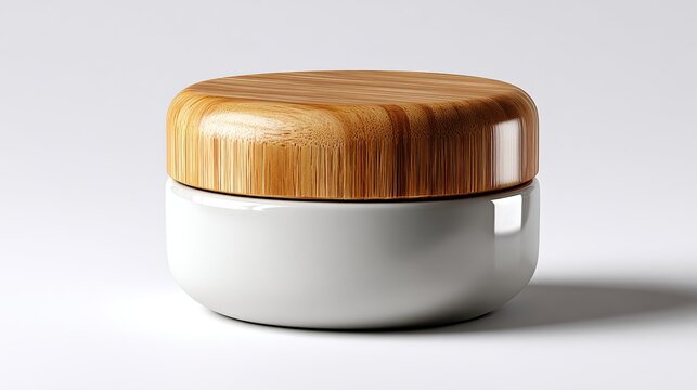 Bamboo Lid Cream Jar: A minimalist white ceramic jar topped with a natural bamboo lid, perfect for skincare or cosmetic packaging.