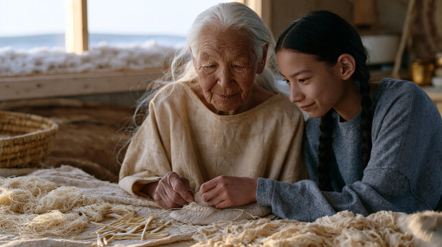 Inuit elder woman teaches teenage granddaughter traditional sealskin boot stitching on kitchen floor, sinew thread and bone needles spread on cloth beside them, domestic interior