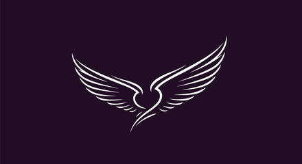 Obraz premium Elegant white stylized eagle wings icon centered on a dark purple background, perfect for heraldry, logos, or brand identity.