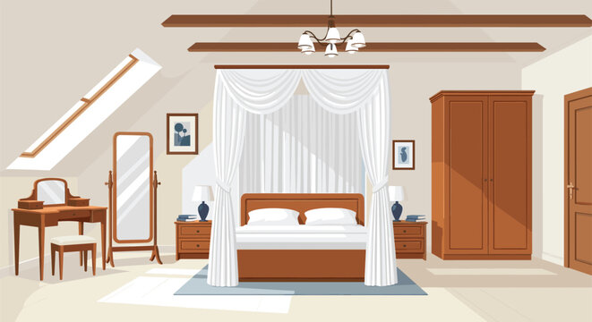Cozy attic bedroom interior design featuring a wooden canopy bed with white curtains, a vintage dressing table, mirror, and large wardrobe.