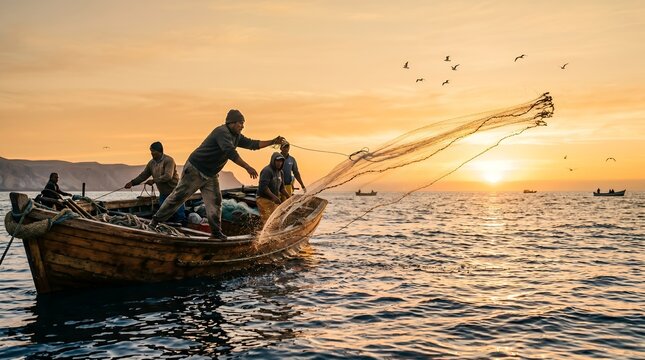 Authentic Sunrise Fishing Scene with Men Casting Net from Wooden Boat