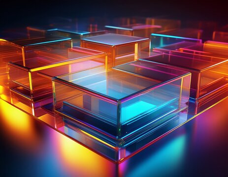 3d rendering of geometric glass rectangles with gradient and refraction effects