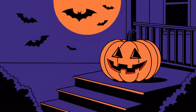 Flat illustration of spooky Halloween night with jack-o-lantern on porch steps