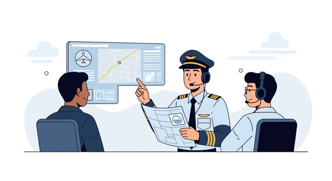 Pilot briefing flight plan with crew and digital navigation screen in a modern aviation setting