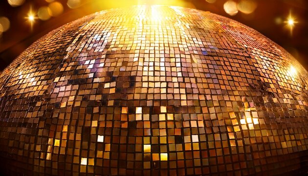 disco ball gleam with bright gradient glitter for party banner golden disco mosaic by sequin ball tile in warm light backdrop with mirror background and gentle shimmer for social media promo