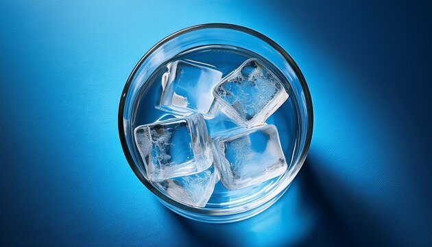 ice cubes in a glass with crystal clear water on a blue background
