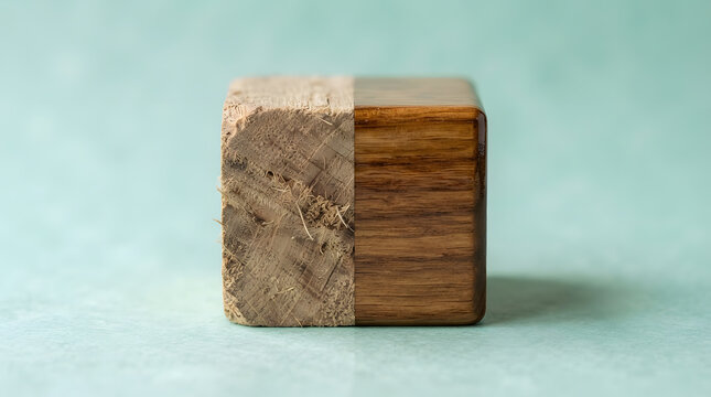 raw wood vs polished finish comparison | natural timber texture and varnish demo | woodworking material sample block | carpentry before and after wood treatment