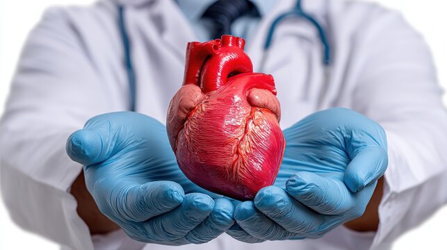 Medical Heart Care: A medical professional in blue gloves holds a realistic human heart, symbolizing health, cardiology, and life-saving care, with a stethoscope visible around their neck.