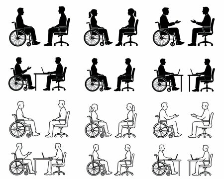 Set of black and white silhouettes of people sitting in wheelchairs isolated on white background