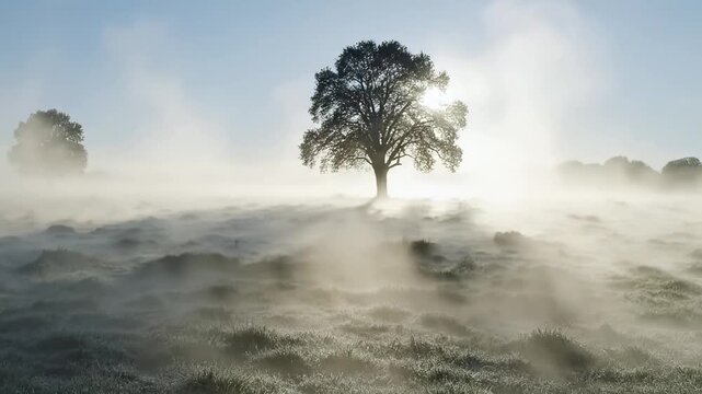 Morning fog covers a landscape with a lone tree standing under the sun