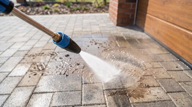 A person uses a pressure washer to clean a stone surface outside a house. Water sprays onto the ground, removing dirt and grime from the area
