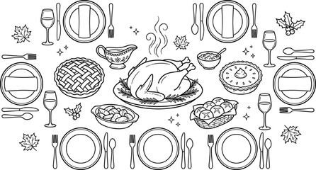 Thanksgiving Dinner Table Setting Vector Set featuring Roasted Turkey Pies Dinner Rolls Gravy and Plates for Festive Festive Table © Maslima