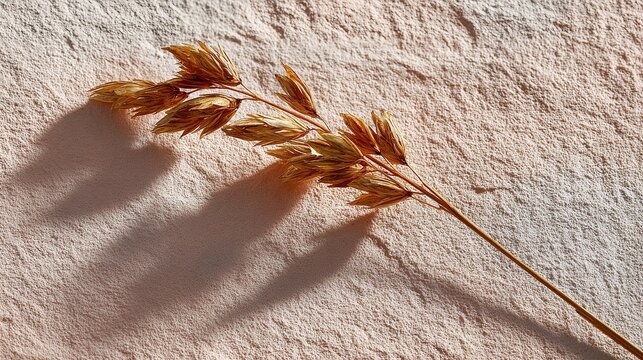 Golden Wheat Stalk: A single, dried stalk of golden wheat, casting a soft shadow on a textured surface, evokes the essence of harvest and natural beauty.