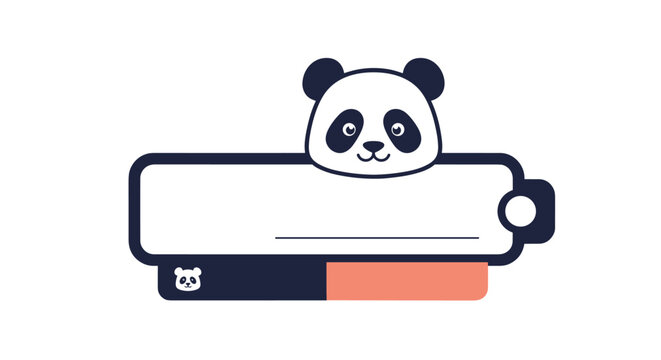 Cute panda head sitting on top of a blank dark blue and peach message banner frame, perfect for web menus or student notes.