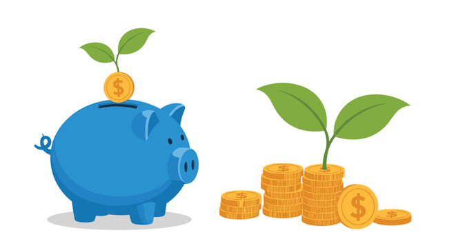 Blue piggy bank with a green plant growing from a gold coin on top, next to stacks of coins with plants representing financial growth.