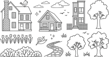 Cute Houses and Neighborhood Vector Icon Set with Cottage Cabin Trees Pathway and Garden Elements for Kids Coloring Book Pages © Maslima