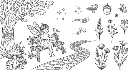 Fairy Girl Vector Set with Oak Tree Wooden Bench Pathway Flowers and Magical Forest Elements for Kids Coloring Book © Maslima