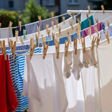 A clothesline with various colorful clothes and socks hanging to dry outdoors on a sunny day