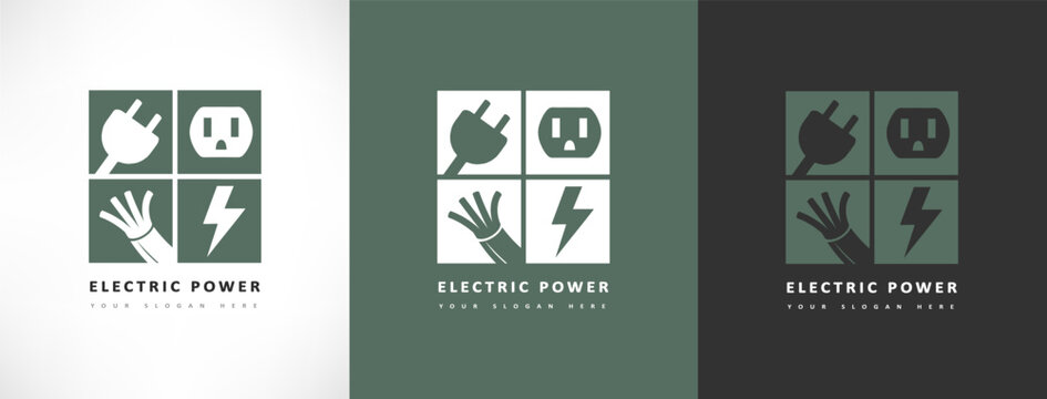 Logo Electrical equipment and electricity. Power plug, socket, electrical cable and lightning vector.