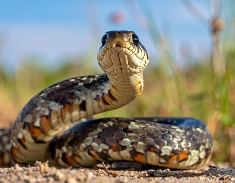 A coiled serpent with a brown, orange, and white patterned body and a raised head