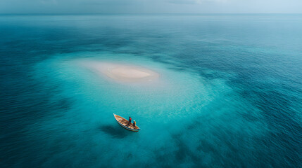 Fototapeta premium Overhead drone perspective of small sandbank in middle of vast emerald ocean with rowboat.