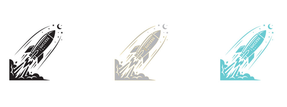 Rocket launching into space icon set for startup business concept