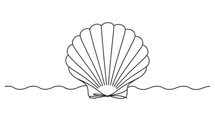 Continuous single line drawing of a seashell sitting on a calm ocean wave isolated graphic design element for summer beach and marine nature themes © Dipa Roy