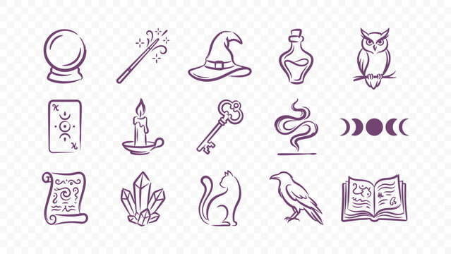 witchcraft magic and astrology doodle handmade ink scribble flat line art vector illustration icon bundle set calligraphy drawing design mystical occult elements collection