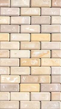 A close-up view of a wall constructed from small, rectangular, beige and tan bricks