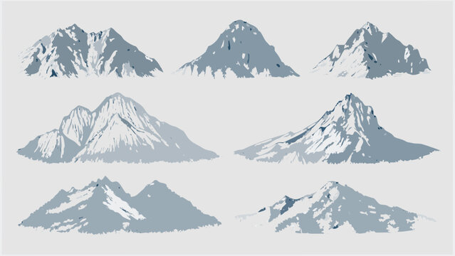 Set of eight gray mountain illustrations with textured peaks and slopes rendered as vector graphics alpine altitude ascent backdrop basecamp
