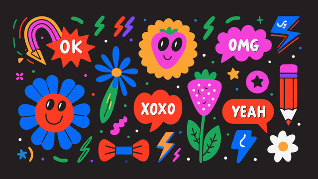 Colorful vector illustration featuring playful flowers speech bubbles and lightning bolts on a black background abstract art black background bloom bold colors bubble speech