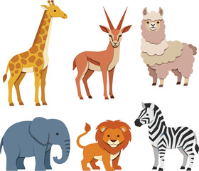 Naklejka premium Cute Wild Animal Vector Icon Set with Giraffe Gazelle Alpaca Elephant Lion and Zebra Illustrations Isolated on White Background for Kids Design
