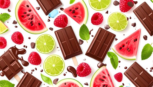Colorful Fresh Fruits and Chocolate Bars Flat Lay.