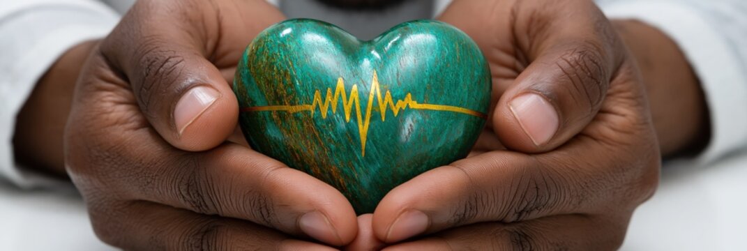 Green polished heart stone with golden heartbeat line cradled in hands for cardiology poster and wellbeing banner design