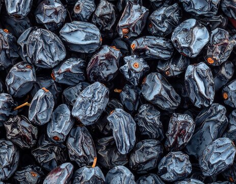 A close-up view of numerous dark, wrinkled, and shiny objects
