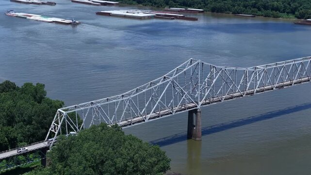 Aerial of Cairo Ohio River Iron Bridge at Mississippi, Ohio River Confluence