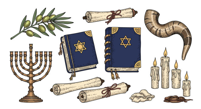 Traditional jewish religious holiday symbols including a gold menorah, torah books, shofar horn, and old scrolls.