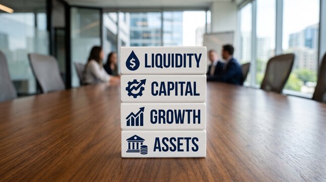 Financial strategy wooden blocks with liquidity, capital, growth and assets text, business investment concept in modern office boardroom
