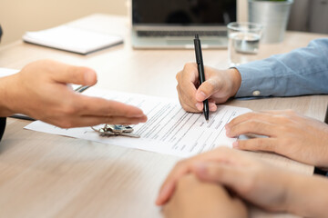 lease, rental and selling home. Couple sign contact for new house or real estate. rent house, Sales, loan credit financial, insurance, Seller, dealer, installment, buy, sell, move in