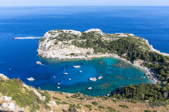 View of Anthony Quinn Bay Beach from above vacation at the Aegean Sea Rhodes island, Greece